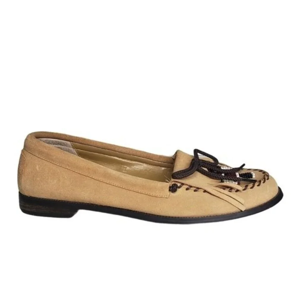 Glory II Suede‎ Moccasin Loafers Beaded Indian Design Shoes Women's Size 8.5